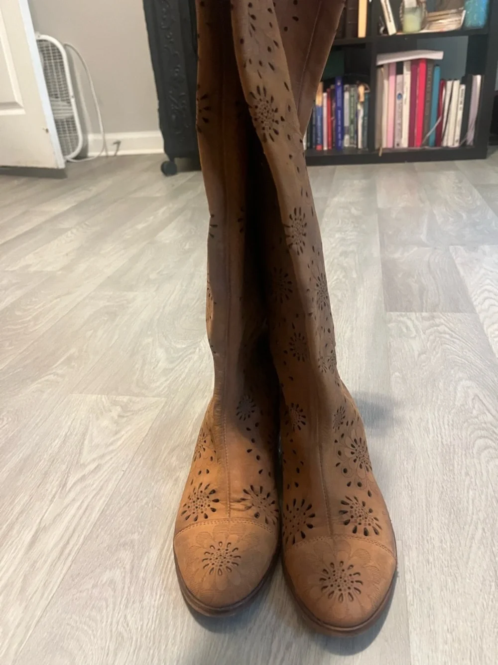 Over-the-Knee Perforated Floral Tan Boots‎
